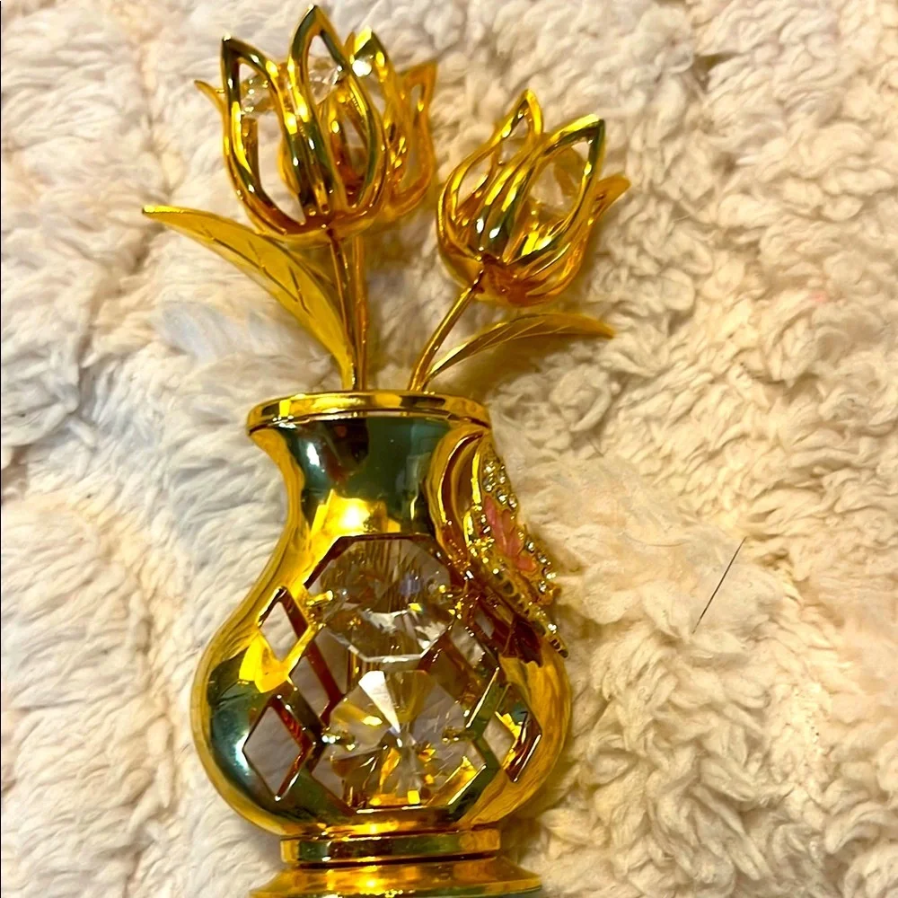 Matashi 24k Gold Plated Flower Bouquet and Vase w/ Crystals & Pink Butterfly